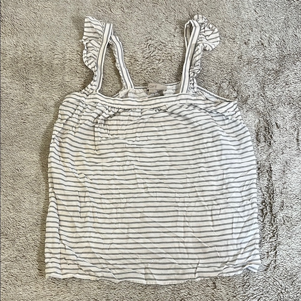 LOFT Relaxed Ruffled White and Gray Tank Top